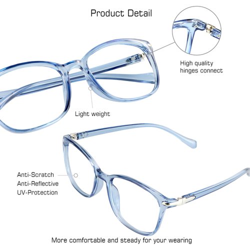 VisionGlobal Blue Light Blocking Glasses for Women/Men, Anti Eyestrain, Computer Reading, TV Glasses, Stylish Square Frame, Anti Glare(Clear Blue,+1.75 Magnification)
