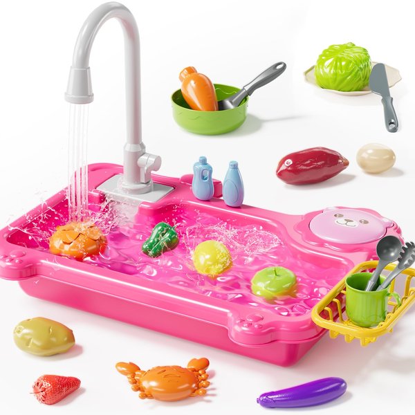 SmartChef Play Sink with Running Water, Kitchen Sink Toys with Electric Faucet, Play Kitchen Accessories, Kids Role Play Dishwasher Toy for Ages 3 4 5 6 Year Old Toddlers Kids Boys Girls(Pink)