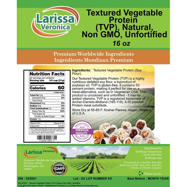 Larissa Veronica Textured Vegetable Protein (TVP), Natural, Non GMO, Unfortified (16 oz, ZIN: 525001)