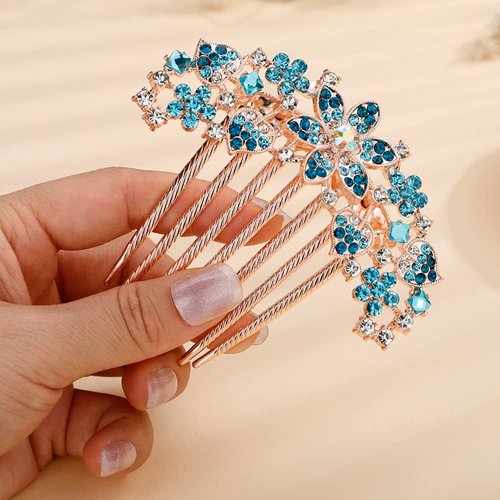 Jumwrit Crystal Bride Wedding Hair Comb Love Heart Leaf Colorful Rhinestone Flower Hair Side Comb Rose Gold Hair Clip Comb Floral Vintage Bridesmaid Headpiece Bridal Hair Jewelry for Women Girls(Blue)