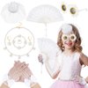 Jenaai 8 Pcs Girls Tea Party Supplies Tea Party Gloves Hats Necklace Fan for Girls Halloween Tea Party Costume(White,Fresh)