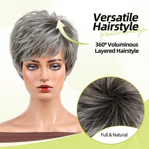 RSY Pixie Cut Wig, Short Wigs for Women, Human Hair Blend Healthy Fiber Wigs for Women, Daily Wear, Pixie Style, Natural Color, Suitable for Hair Loss and Fashion Change(Silver Grey)