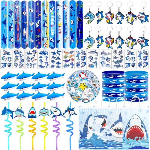 Joyvorite 134 Pcs Shark Theme Party Favors with Shark Straws Shark Bracelets Wristbands Tattoo Stickers Erasers Keychains Goodie Bags Under the Sea Party Favors Shark Birthday Party Decorations