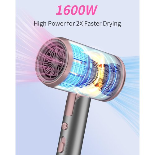 Dxliwky Portable Ionic Hair Dryer, Foldable Handle Hair Dryer,1600W Blow Dryer with Diffuser/Concentrator/Comb Nozzle,Intelligent Temperature Control,Low Noise for Home/Salon/Travel (Pink+Grey)