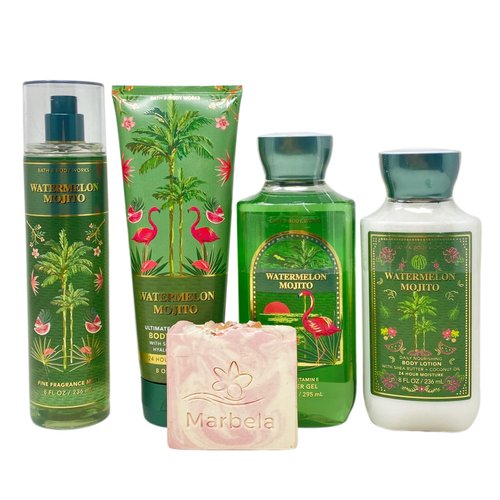 Bath & Body Works Watermelon Mojito 4 Piece Gift Set - Fragrance Mist - Body Cream - Shower Gel - Body Lotion - with a Himalayan Salts Springs Bar Soap - Full Size