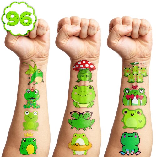 102 PCS Frog Temporary Tattoos Birthday Party Decorations Favors Supplies Decor Frog Princess Reptile Stickers For Teacher Boys Girls Gift School Prizes Rewards