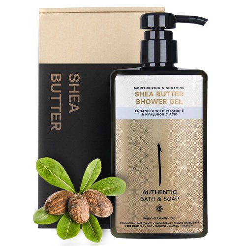 AUTHENTIC BATH & SOAP All Natural - Organic Shea Butter Body Oil with Vitamin E & Hyaluronic Acid, Moisturizing, Hydrating Shower Gel for Men & Women, Cruelty Free & Vegan, Paraben Free 16.9 Fl Oz