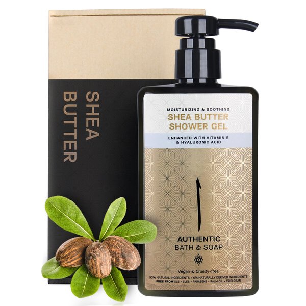 AUTHENTIC BATH & SOAP All Natural - Organic Shea Butter Body Oil with Vitamin E & Hyaluronic Acid, Moisturizing, Hydrating Shower Gel for Men & Women, Cruelty Free & Vegan, Paraben Free 16.9 Fl Oz