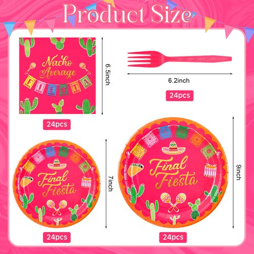 Sunnychicc 96 Pcs Final Fiesta Bachelorette Party Tableware Set Includes 7'' 9'' Paper Cactus Plates Napkins Forks Mexican Independence Day Supplies Cinco De Mayo Party Favos for 24 Guests