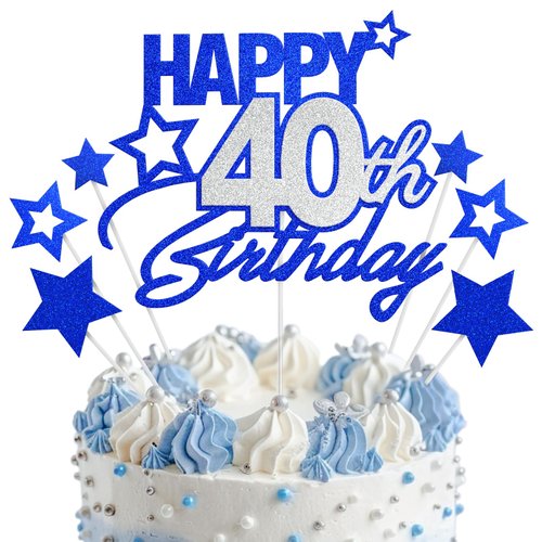 Happy 40th Birthday Cake Topper 40 Birthday Cake Decorations, Happy 40th Birthday Anniversary Party Cake Decorations for Men Women, Blue Silver