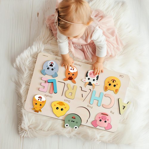 Zuzu Puzzle Personalize Name Puzzle for Toddlers with Animals, Baby Gift for Girls and Boys 0 1 2 3 Year Old, Personalized Puzzle for Kids, 1 Year Old Girl and Boy Kid Gifts, Customized Baby Gift, Montessori Educational Name Toy, Wood Puzzle 1-3