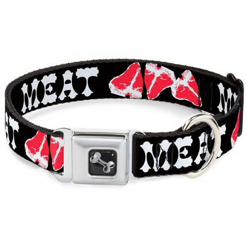 Dog Collar Seatbelt Buckle Steaks Meat Text 9 to 15 Inches 1.0 Inch Wide