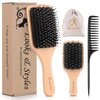 Hair Brush, 2 Pack Boar Bristle Paddle Hairbrush for Women Men Kids Reducing Frizzy, No More Tangle, Small Travel Brush Tail Comb & Giftbox Included