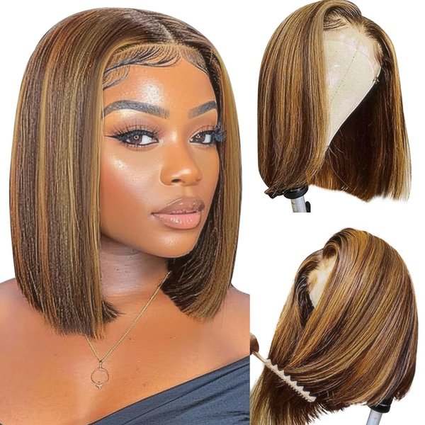 Dorosy Hair Ombre Bob Wig Human Hair 4/27 Highlight Honey Blonde Lace Front Bob Wigs 13x4 Transparent Lace Front Wig Human Hair Glueless Pre Plucked With Baby Hair for Women (10 inch)
