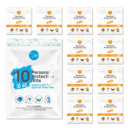 Personal Protection Kit TO GO, Mini 4 Item PPE Kit for Travel and School | Includes 1 Each of Face Covering, Gloves, Cleansing Wipes & Hand Cleansing Gel | 10 - Pack (Orange)