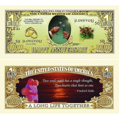 5 Happy Anniversary Million Dollar Bills with Bonus “Thanks a Million” Gift Card Set