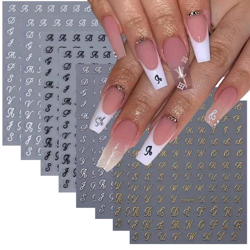 Retro English Letters Nail Stickers for Nail Art 8 Sheets 3D Self-Adhesive Black White Gold Silve...