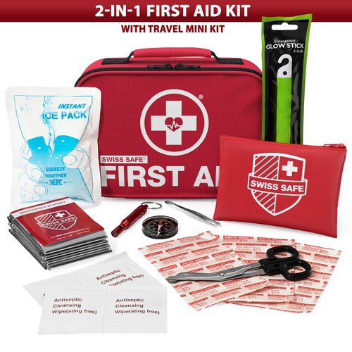 Swiss Safe 2-in-1 First Aid Kit (120 Piece) + Bonus 32-Piece Mini Kit: Compact, Lightweight for Emergencies at Home, Outdoors, Car, Camping, Workplace, Hiking & Survival