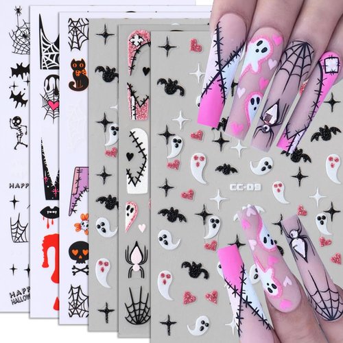 Halloween Nail Stickers, Cute Ghost Nail Decals 3D Self-Adhesive Pink Spider Ghost Spider Web Black Cat French Tips Pattern Halloween Nail Design Holiday Nail Art Decoration for Women Girls(6Sheets)