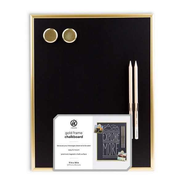 U Brands Magnetic Chalkboard, 11"x14", Gold Metal Frame, Premium Matte Surface, Includes Chalk Pencils and Magnets