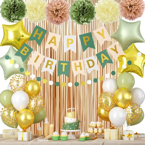 Sage Green Birthday Decorations,Women Girls Boho Party Decorations with Sage Green White Gold Confetti Birthday Balloons Happy Birthday Banner Gold Fringe Curtain Tissue Paper Pompoms Star Garland