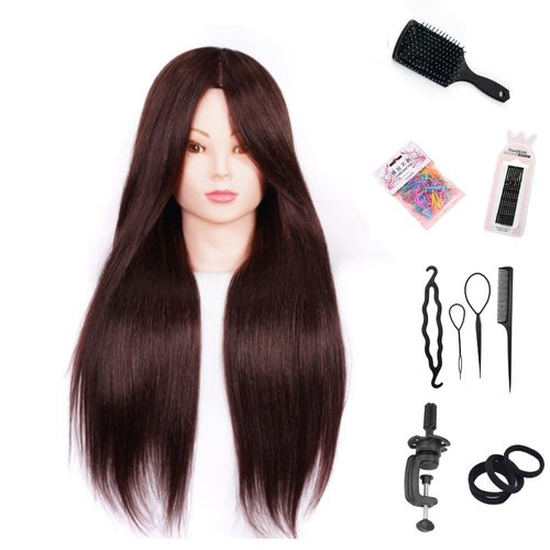 Training dummy head 60% Real Hair Professional Cosmetology Mannequin Manikin Dolls Head, Styling Model for Hairdresser Hair set includes small desktop stand (Dark brown)