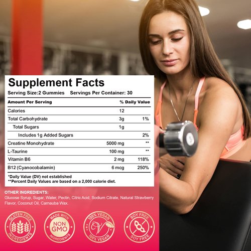 Creatine Monohydrate Gummies for Men & Women, 5000mg Chewables Creatine Supplement for Muscle Growth & Recovery, Promote Energy, Boost Strength, High Absorption, Strawberry Flavor Big Bear Gummies