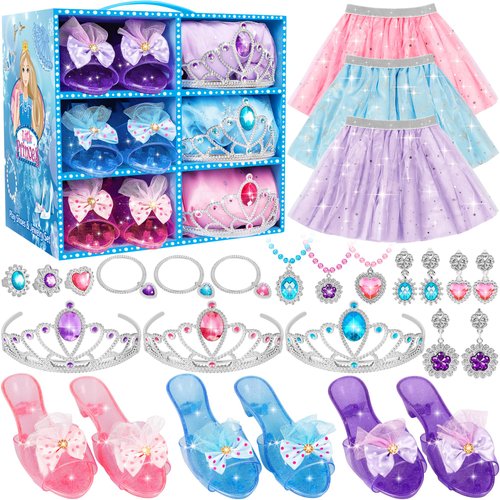 LJZJ Princess Dress Up Toys & Jewelry Boutique, Costumes Set incl Color Skirts, Shoes, Crowns, Accessories, Girls Role Play Gift for 3 4 5 6 Year old Girl Toddler ​B-day Party Favors