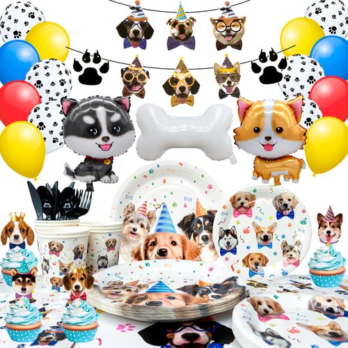 Puppy Dog Birthday Party Supplies,148pcs Dog Party Decorations Dog Birthday Party Tableware Set Dog Birthday Banner, Puppy Balloons Puppy Party Plates Cups Table Cloth etc Dog Themed Party Supplies