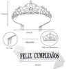 Feliz Cumpleaños Sash&Rhinestone Crystal Tiara,Spanish Happy Birthday banner, Mexican Party Decorations for Women.(Silver)