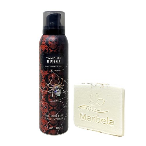 Bath & Body Works Vampire Blood Shimmer Fizz Body Lotion with a Natural Oats Sample Soap