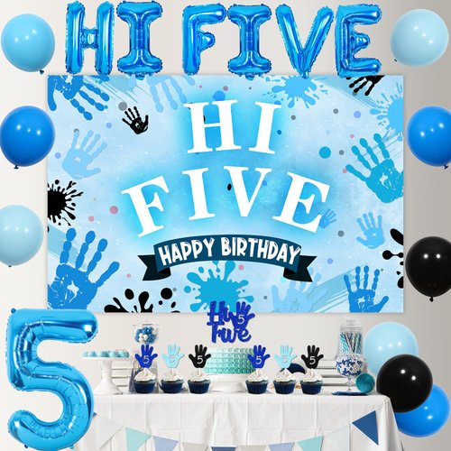 Hi Five Birthday Party Decorations Boy, Blue 5th Birthday Decorations Backdrop Cake Cupcake Topper Blue Black Balloon Number 5 High Five Foil Balloon for Boy 5 Year Old Birthday Party