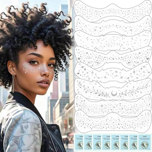 Wugbc Silver Glitter Freckles Face Tattoo 8 Styles, Face Glitter Sparkle Freckles Makeup Patches for Body Cheekbones Music Festival Rave Party Cute Shimmer Fake Freckle Temporary Tattoos Sticker