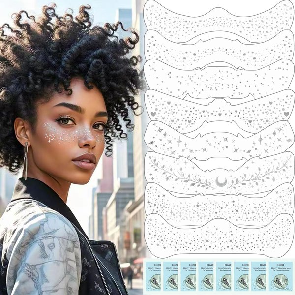 Wugbc Silver Glitter Freckles Face Tattoo 8 Styles, Face Glitter Sparkle Freckles Makeup Patches for Body Cheekbones Music Festival Rave Party Cute Shimmer Fake Freckle Temporary Tattoos Sticker
