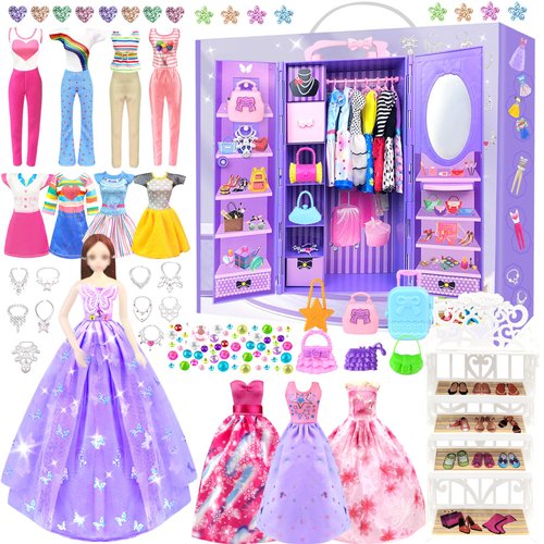 65Pcs Doll Clothes and Accessories with Doll Closet for 11.5 Inch Doll Dress up Set with 1 Doll Fashion Dresses Outfits Tops and Pants Shoe Rack Bags Gift Toy for Girls 4 5 6 7 8 9 10 Years