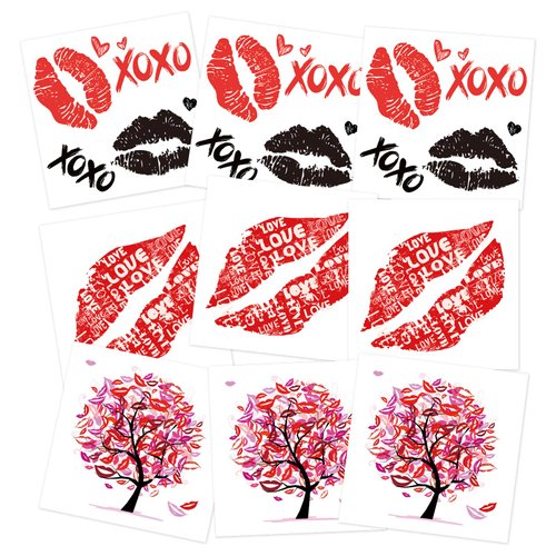 Valentine's Day Temporary Tattoo Stickers – 9-Pack Kiss Lips, Love Letter, and Love Tree Designs Fake Tattoos for Festivals, Parties, and Romantic Occasions, 3.7 x 3.7 inches