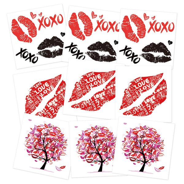 Valentine's Day Temporary Tattoo Stickers – 9-Pack Kiss Lips, Love Letter, and Love Tree Designs Fake Tattoos for Festivals, Parties, and Romantic Occasions, 3.7 x 3.7 inches
