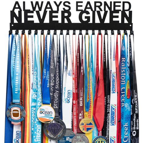 Always Earned Never Given Medal Holder Hanger Display Rack Award Ribbon Organizer for Race,Running,Soccer,Gymnastic,Wrestling,Sports with 20PCS Hanging Hooks Upgraded Easy Use 16 inches long