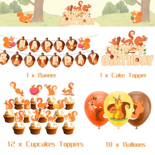 Squirrel Birthday Party Decorations Woodland Animals Squirrel Party Supplies Includes Squirrel Happy Birthday Banner Cake Topper Cupcake Toppers Balloons for Squirrel Themed Party Zoo Animals Party