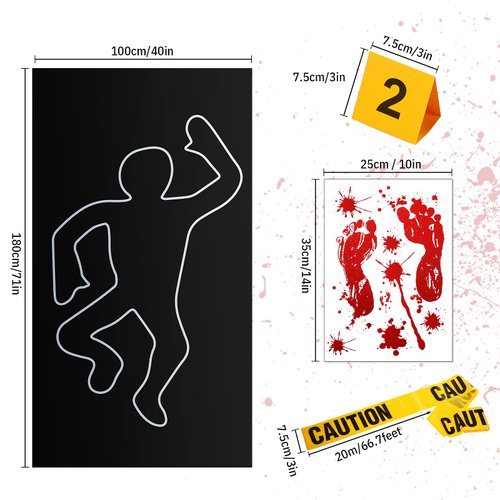 8 Pieces Crime Scene Decorations Including Body Silhouette Caution Barricade Tape Evidence Markers and Bloody Footprint Sticker Evidence Party Decorations for Halloween Home Wall Decorations