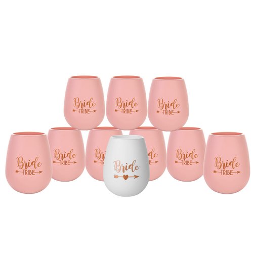 Set of 10 Bachelorette Party Silicone Wine Cups White Bride & Rose Gold Bride Tribe Cups, Bridesmaid Wedding Gift Party Favors