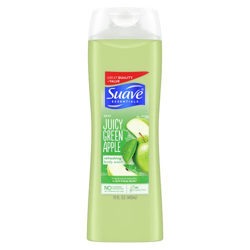 Suave Essentials Body Wash for Hydrated Skin Juicy Green Apple,Paraben Free Body Wash 15 oz