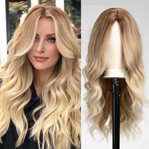 Alanhair Blonde Lace Front Wig Natural Ombre Wigs for Women Long Wavy Synthetic Wig Brown Root Mi...