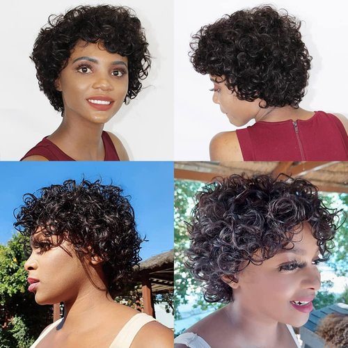 HUA Short Curly Wigs for Black Women Human Hair Pixie Cut Bouncy Curly Human Hair Wigs for Black Women Glueless Natural Black Color Short Curly Wigs