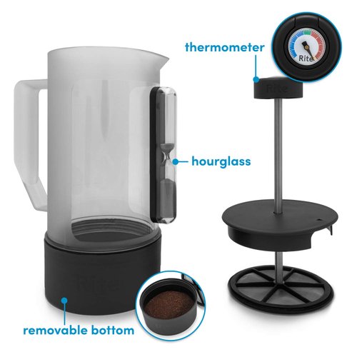 Rite Press Essential Plus, French Press Coffee Maker, Integrated Thermometer, Built in Hourglass Timer, and Easy-Clean Bottom for No Mess Clean Up, 1 L or 34 oz (8 cups)