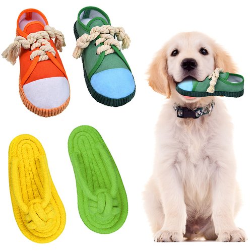 Zhanmai 4 Pieces Dog Shoe Chew Toys Puppy Chew Shoe Dog Chew Toy Sandal Durable Dog Squeaky Mini Sneakers Shoes Decoy Sandal Squeaky Chews Plush Shoes Toys for Dogs