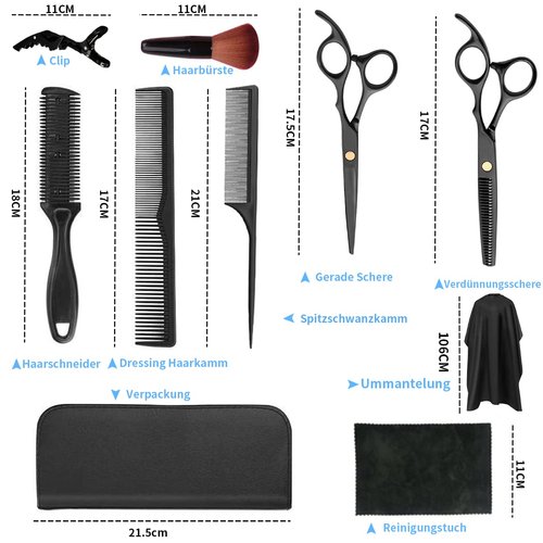 Haircut Scissors Sets - 11 Pcs Black Stainless Steel Haircut Set with Thinning Scissors, Neck Duster Brush, Comb, Barber Cape, Hair Clips with Pu Box