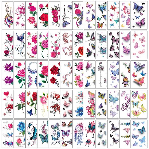 60 Sheets Temporary Tattoos Flower Tattoos Butterfly Tattoos Words Lines Tatoos for Adults Men and Women