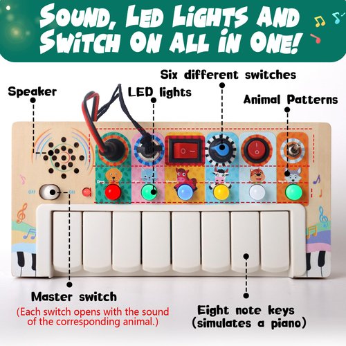 Busy Board Montessori Toys，Baby Magic Xylophone Wooden Musical Toy with Lights,, Baby Wooden Busy Board with 6 LED Light switches, Sensory Toys Light Switch Toys Travel Toys for 1+ Year Old