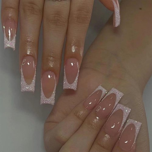 White French Tip Fake Nails Long Square Press on Nails with Glue on Nails Glossy Reusable Stick on Nails for Women DIY Manicure Decoration